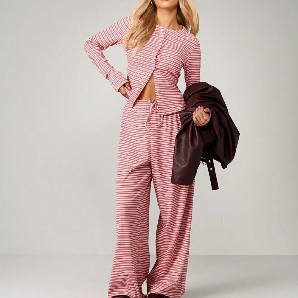 Pink Casual Women's Long Sleeve Crop Top & Wide Leg Pants Set